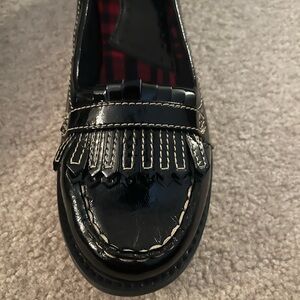 GH Bass black patent leather loafers with fringe